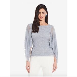 Adrianna Papell Beaded Flutter Sleeve Top In Light Blue Size 12